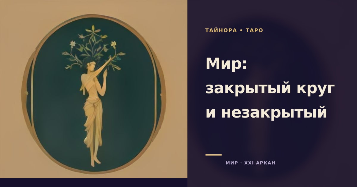 Двадцать первый аркан Мира: женская фигура в венке с двумя прутами в руках, окружённая четырьмя символическими существами по углам