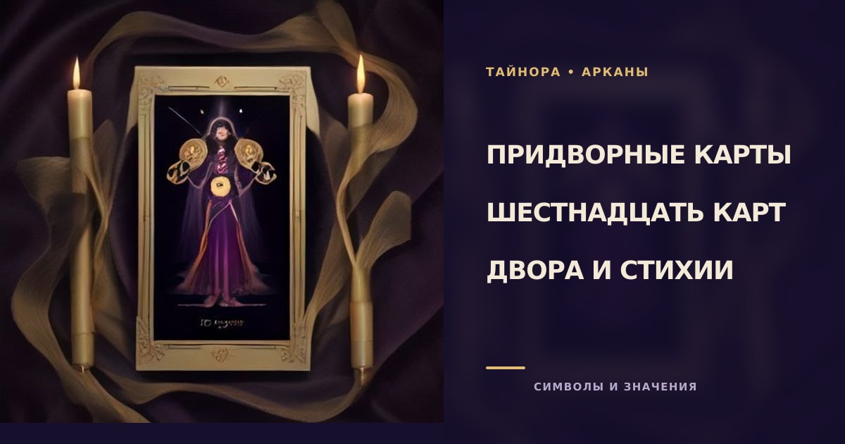 Справочник Таро на тёмно-фиолетовой ткани с четырьмя золотыми символическими фигурами и мягким светом