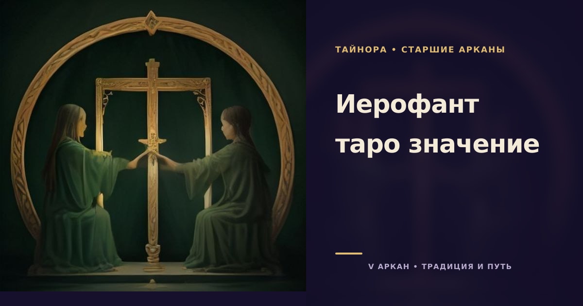Карта Таро с золотыми скрещёнными ключами, тройным крестом и двумя каменными колоннами на тёмно-зелёном фоне