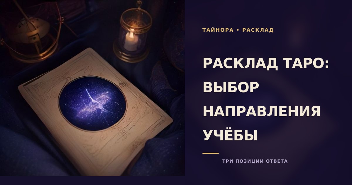 Карты Таро рубашкой вверх на фиолетовой ночной ткани с раскрытой книгой, свечой и лестницей, ведущей к тёплому свету