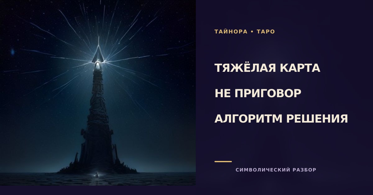 Символическая композиция: карта Таро Башня раскалывается в лунном свете, золотые трещины на фоне ночного неба